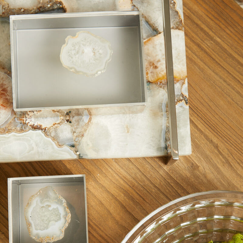 Orsina White Agate Large Decorative Serving Tray with Silver Handles