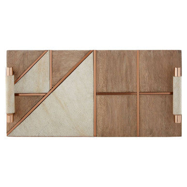 Orsina Bowerbird Wood Tray with White Cowhide Handles and Copper Inlay