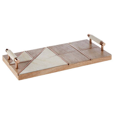 Orsina Bowerbird Wood Tray with White Cowhide Handles and Copper Inlay