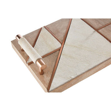 Orsina Bowerbird Wood Tray with White Cowhide Handles and Copper Inlay