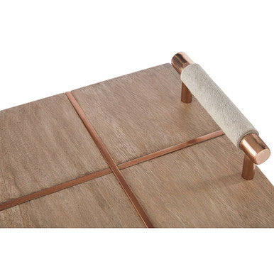 Orsina Bowerbird Wood Tray with White Cowhide Handles and Copper Inlay