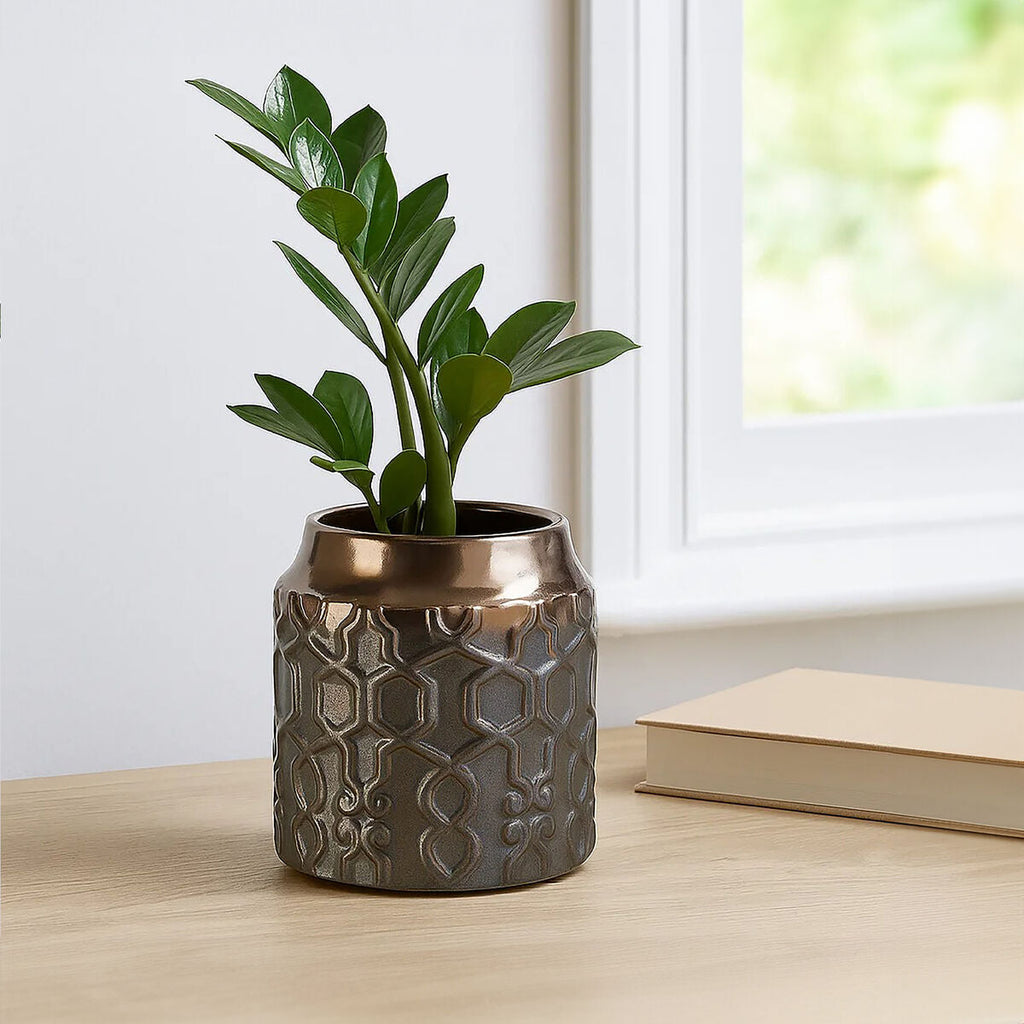 Orsina Zircon Small Ceramic Planter – Gold and Grey Geometric Pot