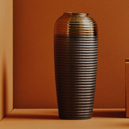 Orsina Zamak Large Ribbed Ceramic Vase with Metallic Gold Neck