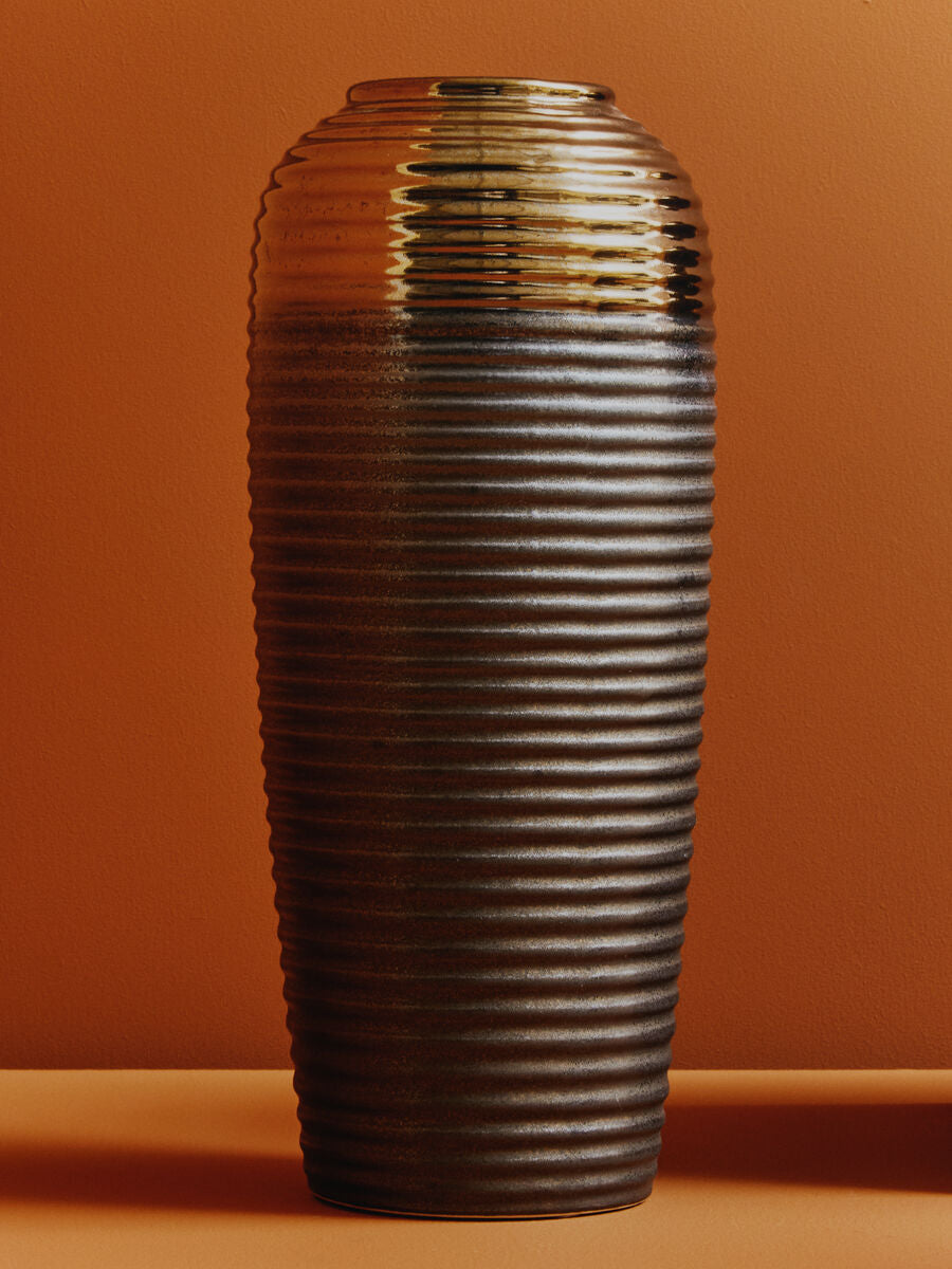 Orsina Zamak Large Ribbed Ceramic Vase with Metallic Gold Neck