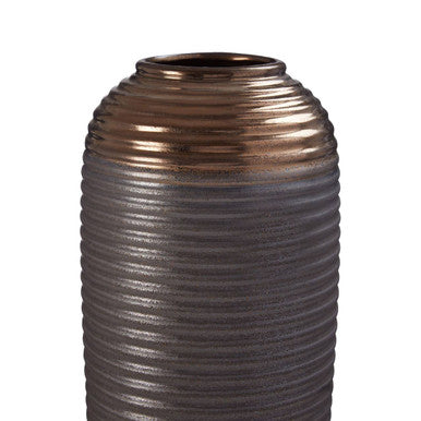 Orsina Zamak Large Ribbed Ceramic Vase with Metallic Gold Neck
