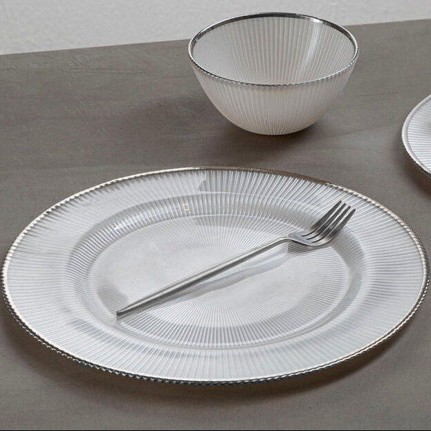 Orsina Ida White Embossed Glass Dinner Plate with Silver Rim – 27cm