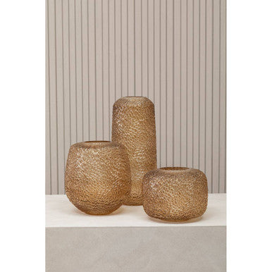 Orsina Colbie Large Amber Glass Vase – Embossed Floral Centerpiece