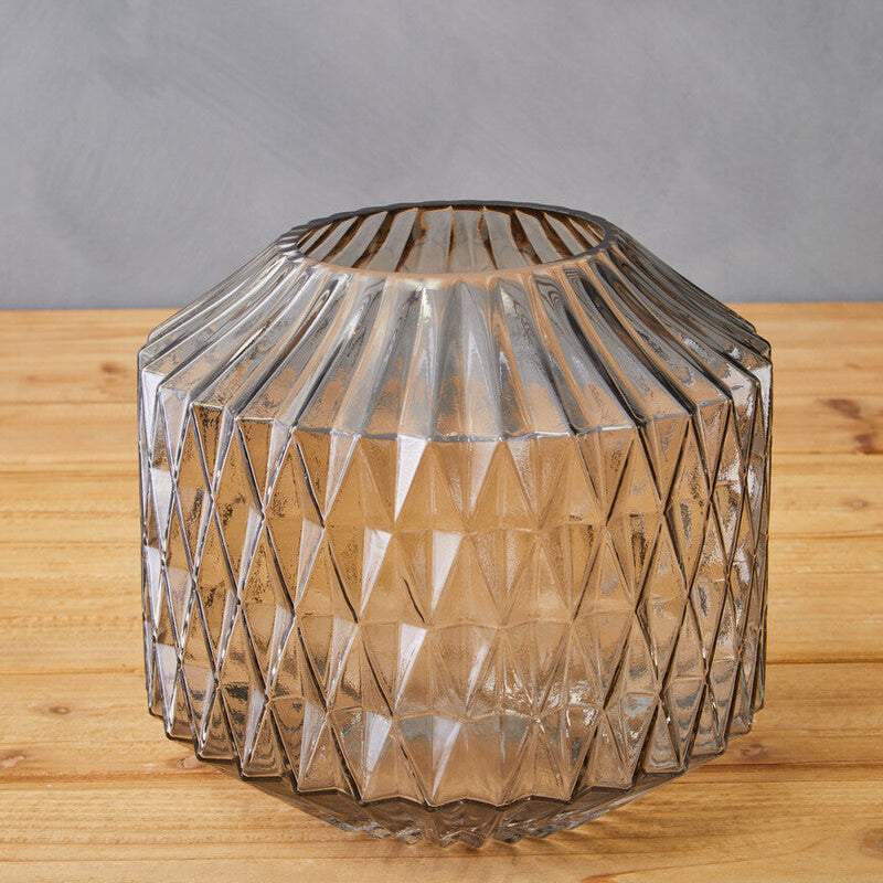 Orsina Brice Large Grey Glass Vase – Diamond-Cut Textured Centerpiece