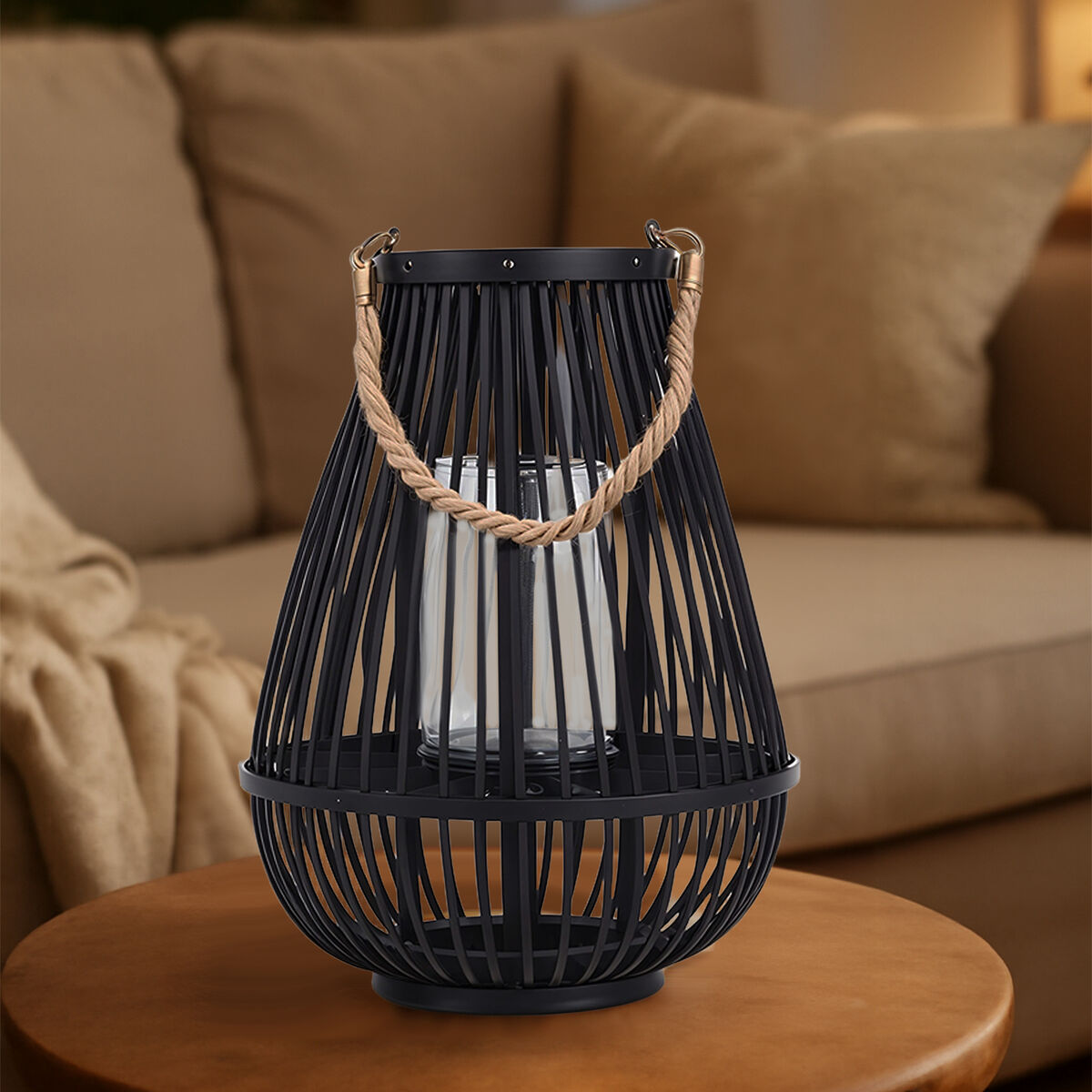Orsina Lentigo Small Black Bamboo Lantern | Rustic Boho Candle Holder
