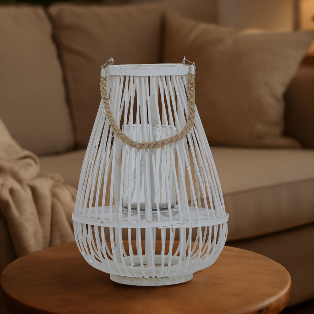Orsina Lentigo Small White Bamboo Lantern | Coastal Candle Holder