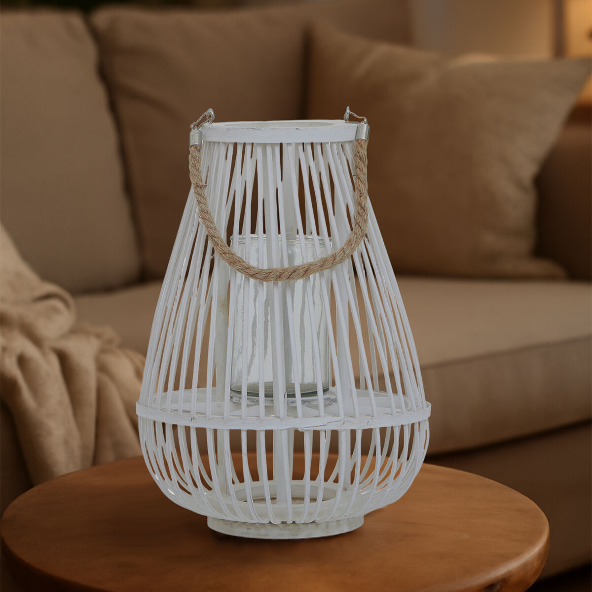 Orsina Lentigo Small White Bamboo Lantern | Coastal Candle Holder