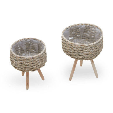 Orsina Lentigo Handwoven Natural Grass Planters with Wood Legs – Set of 2