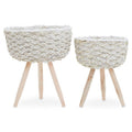Orsina Lentigo White Woven Planters with Wooden Legs – Set of 2