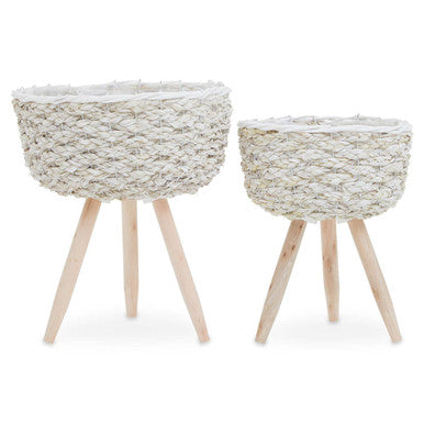 Orsina Lentigo White Woven Planters with Wooden Legs – Set of 2