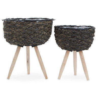 Orsina Lentigo Black Woven Planters with Wooden Legs – Set of 2
