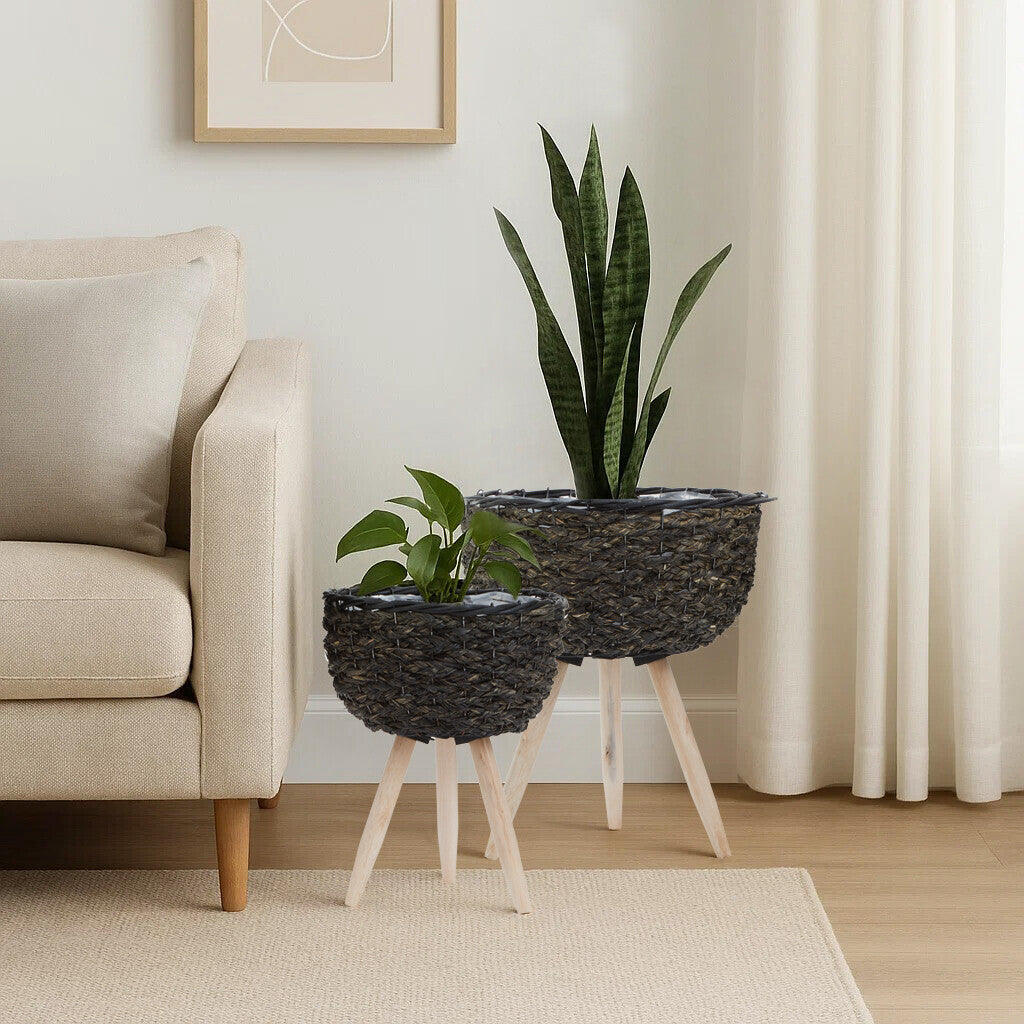 Orsina Lentigo Black Woven Planters with Wooden Legs – Set of 2