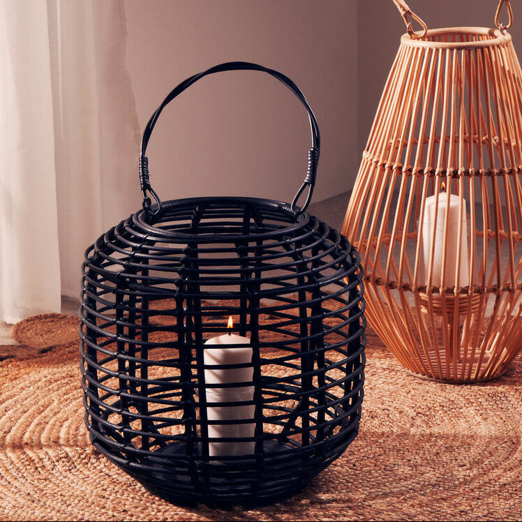 Orsina Mataram Black Rattan Lantern – Handwoven Boho Decor with Glass