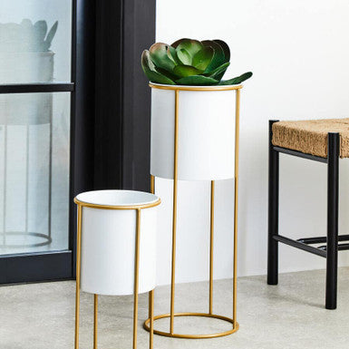 Orsina Trosa Large Floor Standing Planter – White and Gold Metal