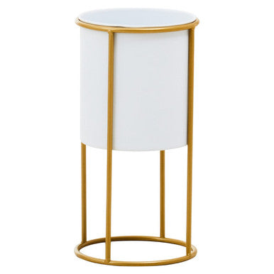 Orsina Trosa Small White and Gold Floor Standing Planter – Metal Stand
