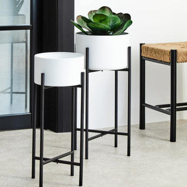 Orsina Trosa Large Floor Standing Planter - White Bowl & Black Stand