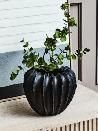 Black Textured Vase by Orsina – Modern Ridged Tapered Ceramic Decor