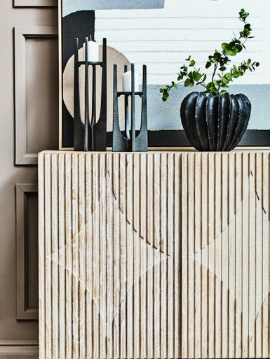 Black Textured Vase by Orsina – Modern Ridged Tapered Ceramic Decor