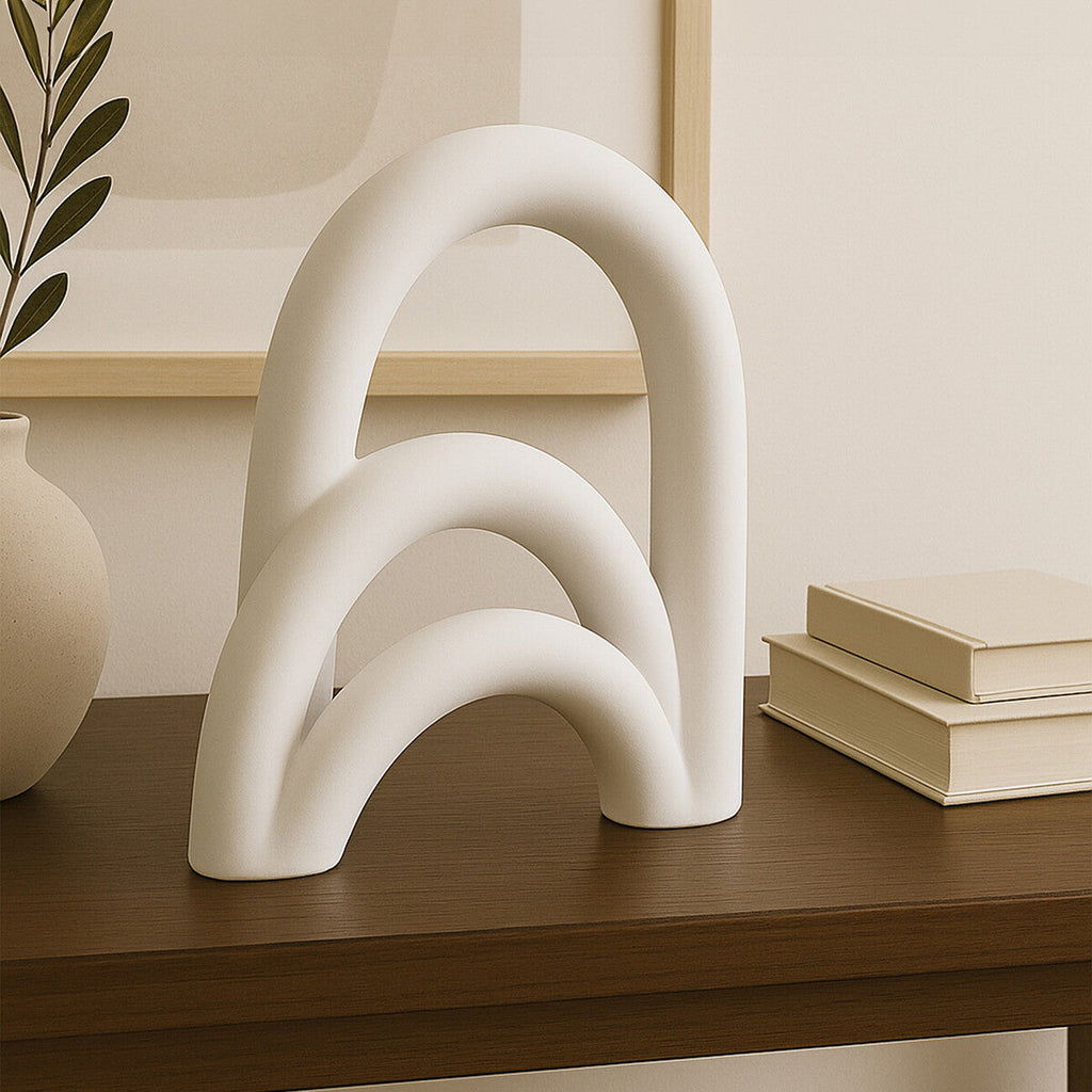 Orsina Broc White Arched Sculpture – Abstract Triple Loop Decor