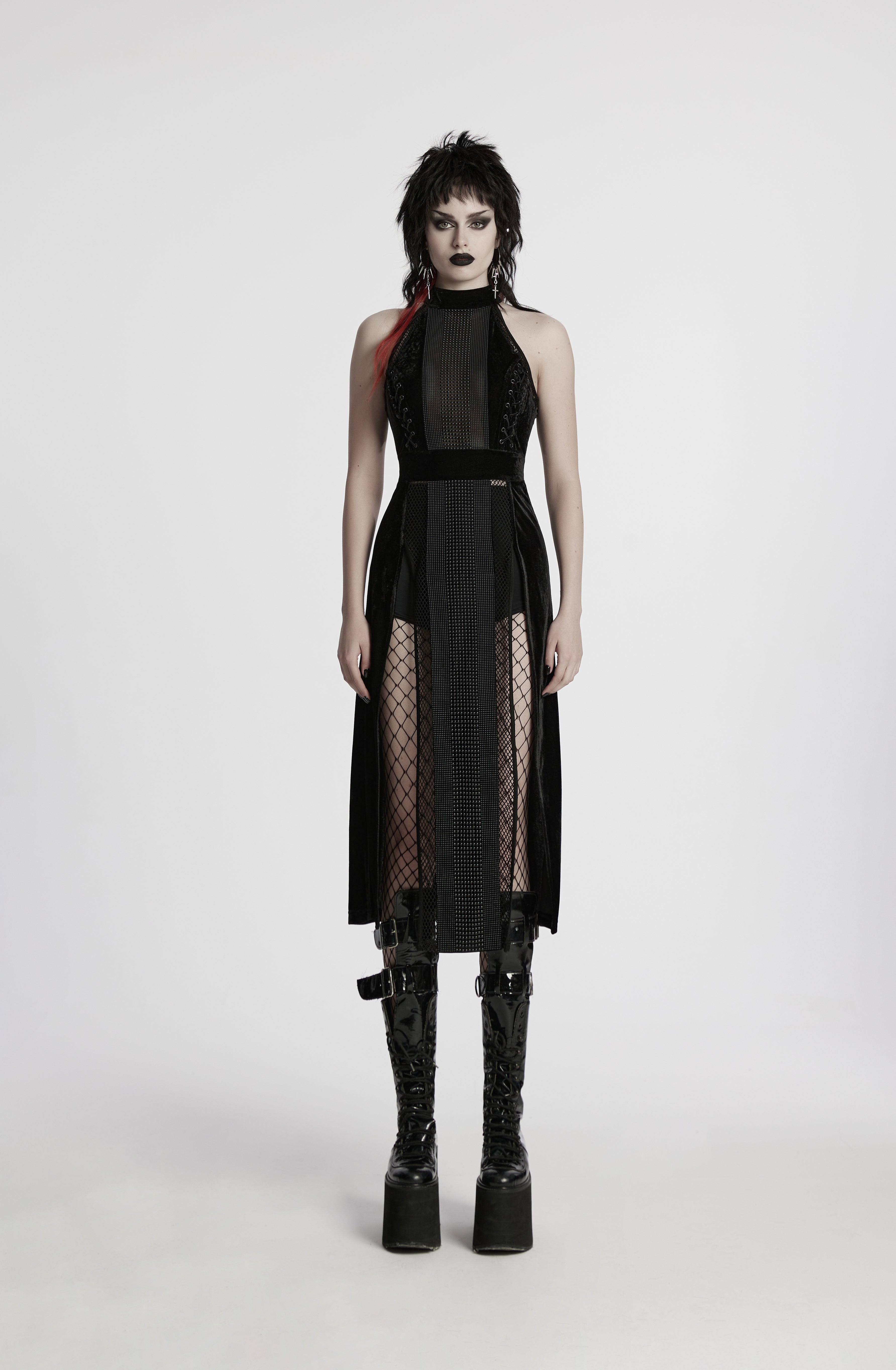 Punk Rave Selene Goth Dress – Black Velvet Mesh High Slit Gown