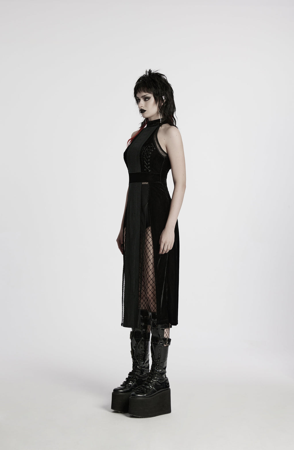 Punk Rave Selene Goth Dress – Black Velvet Mesh High Slit Gown