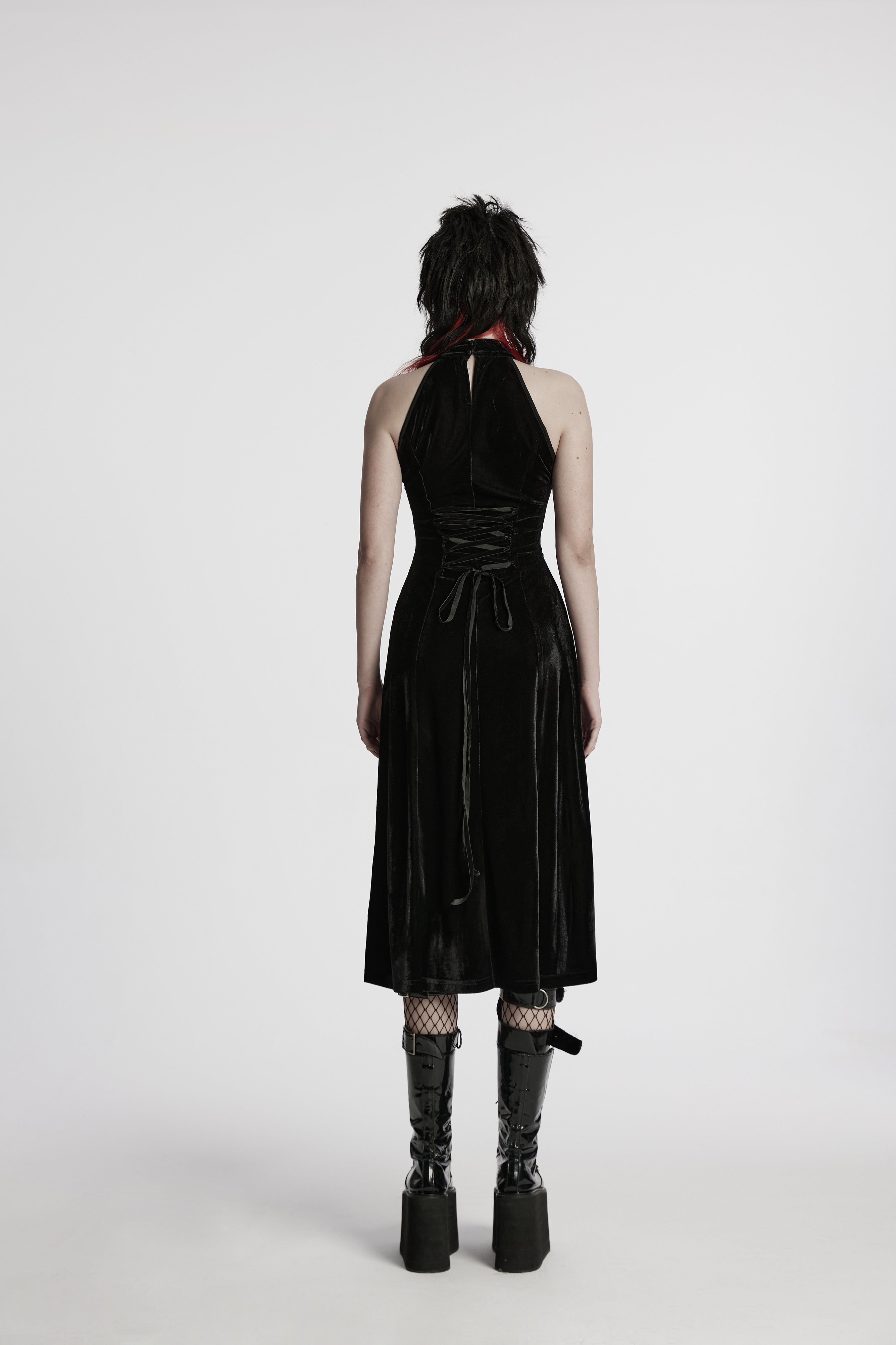 Punk Rave Selene Goth Dress – Black Velvet Mesh High Slit Gown