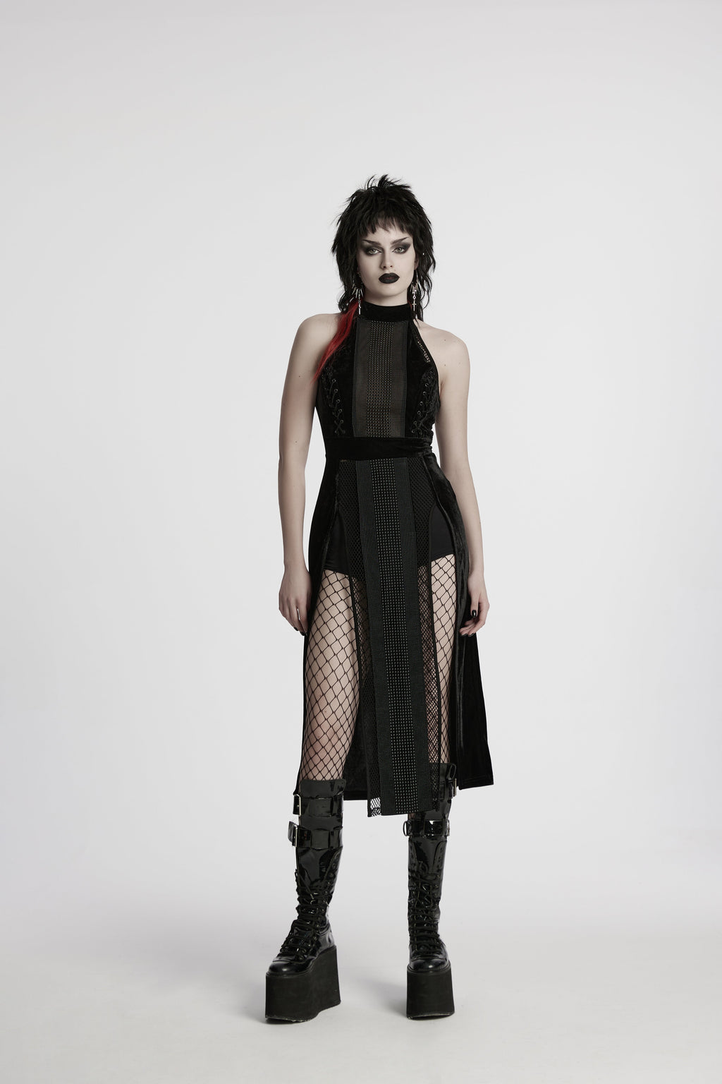 Punk Rave Selene Goth Dress – Black Velvet Mesh High Slit Gown