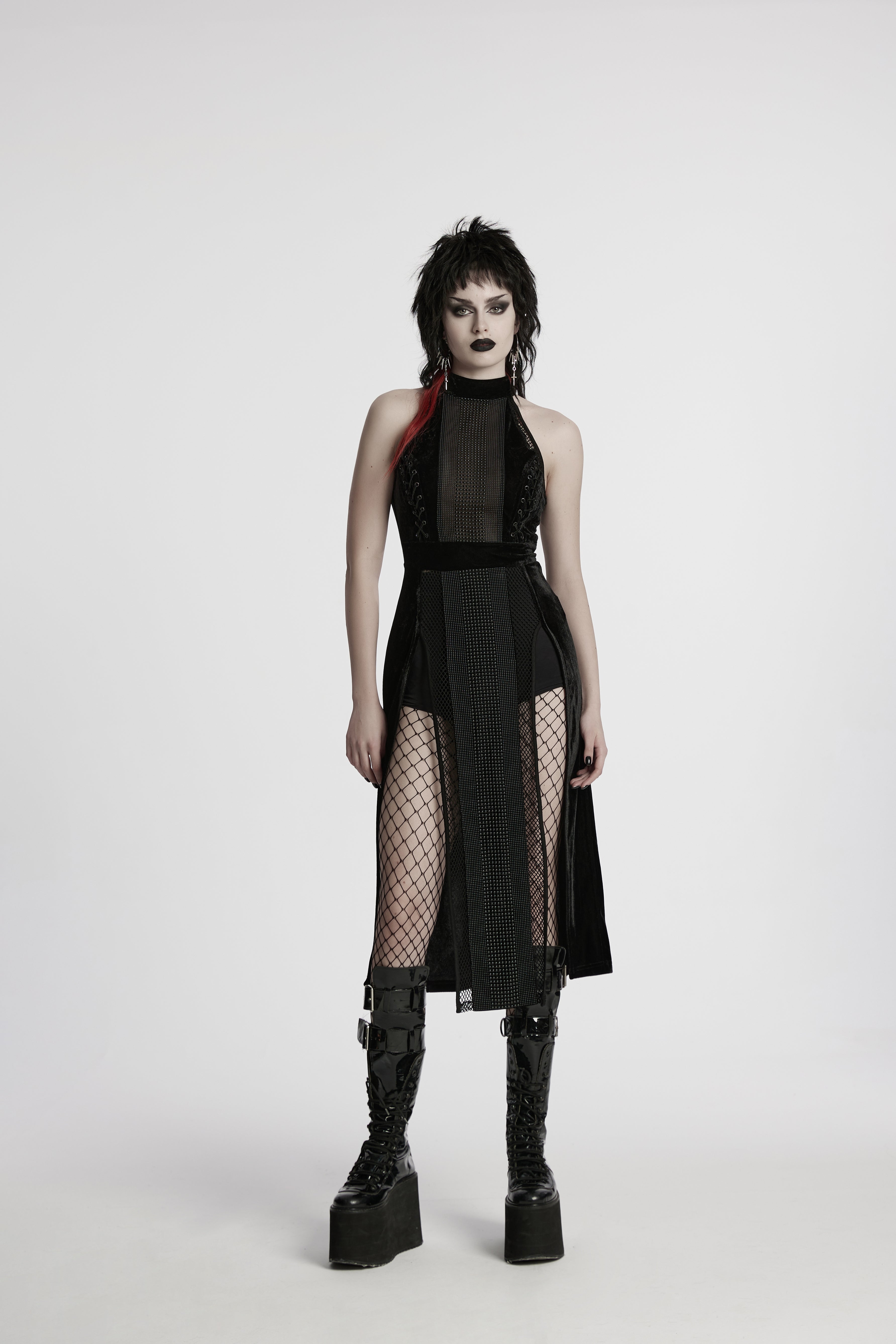 Punk Rave Selene Goth Dress – Black Velvet Mesh High Slit Gown