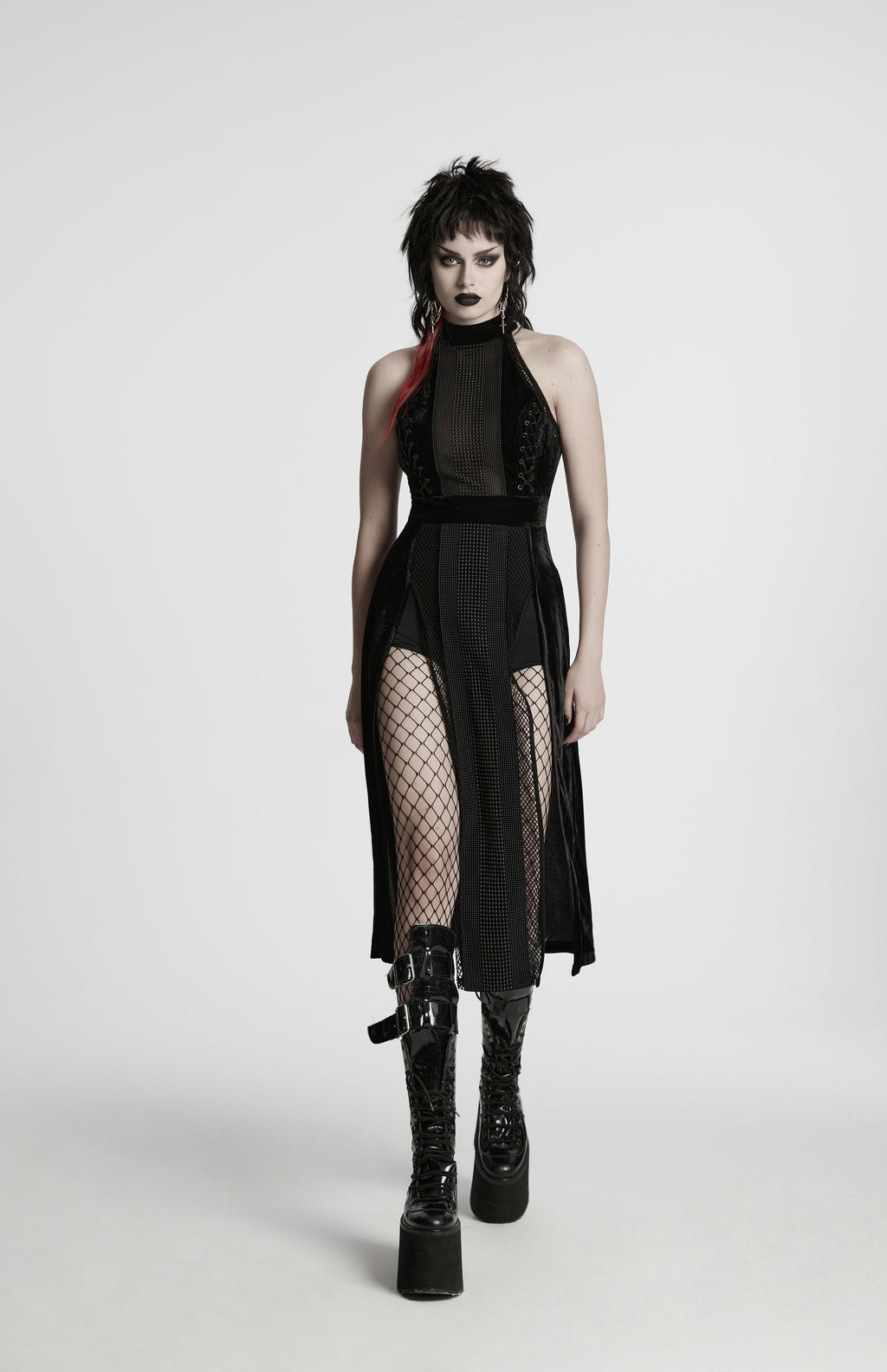 Punk Rave Selene Goth Dress – Black Velvet Mesh High Slit Gown