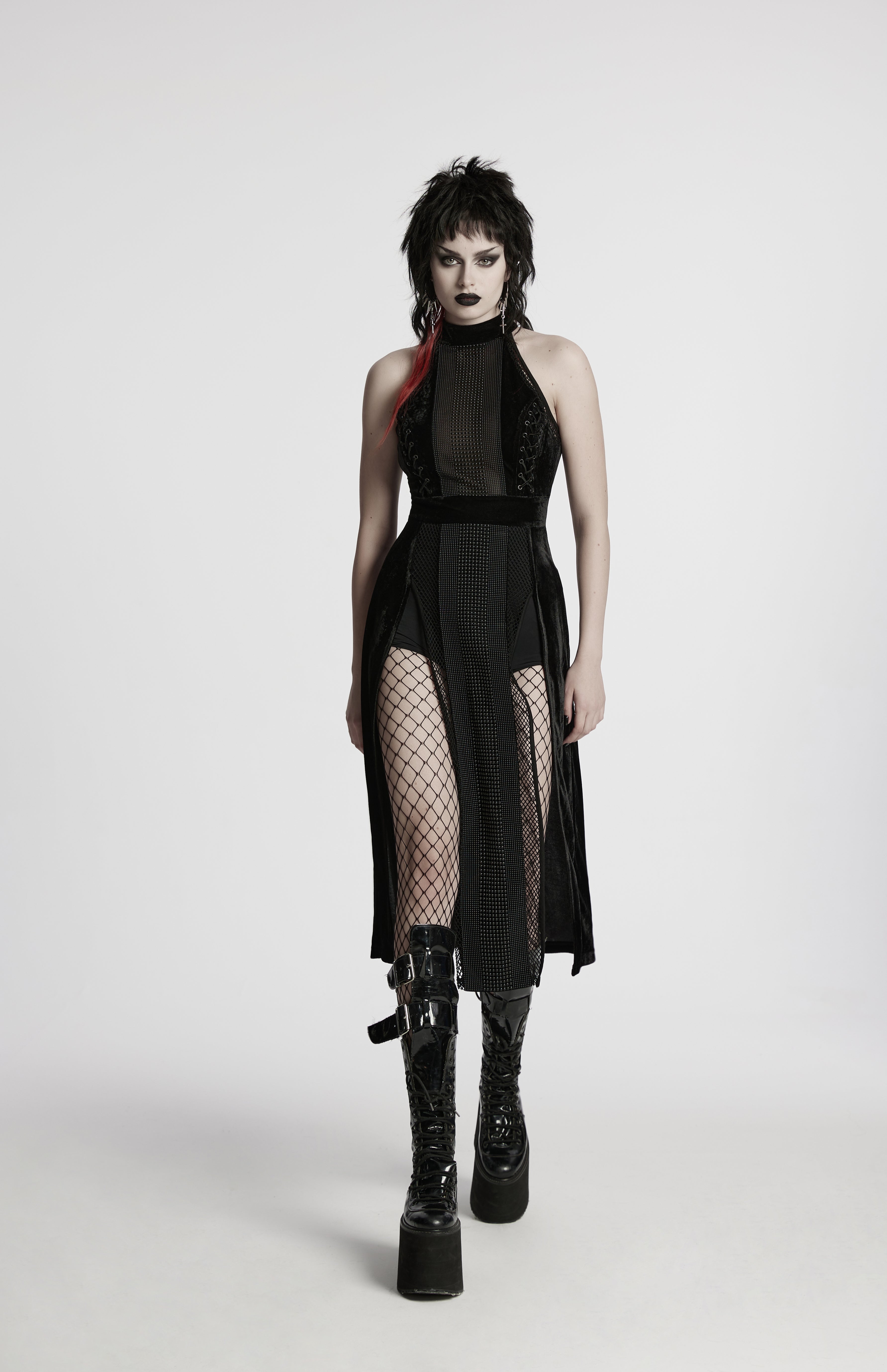 Punk Rave Selene Goth Dress – Black Velvet Mesh High Slit Gown