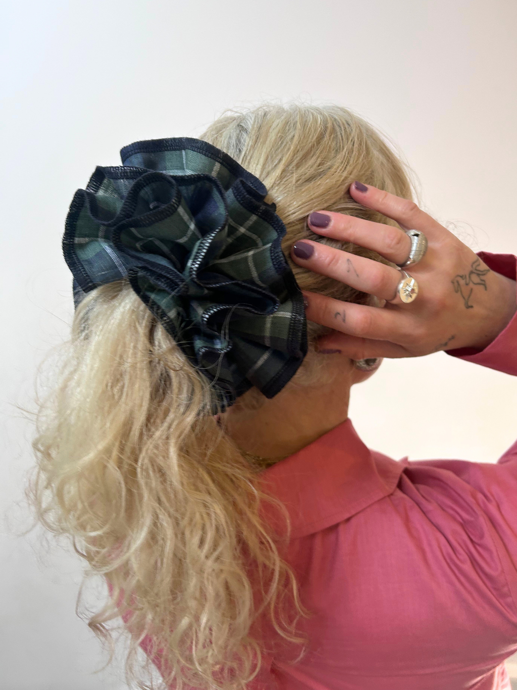 No More Nobody Azaria Organic Linen Scrunchie – Green Check Cotton