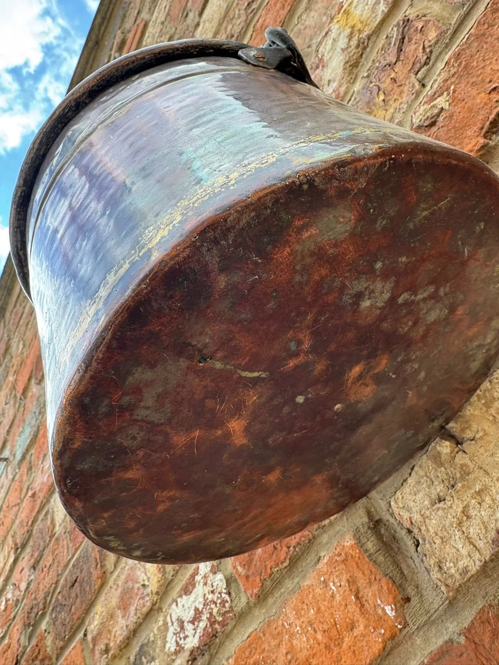 Antique Copper Cauldron Pot with Riveted Iron Handle & Dovetail Planter Pot  B