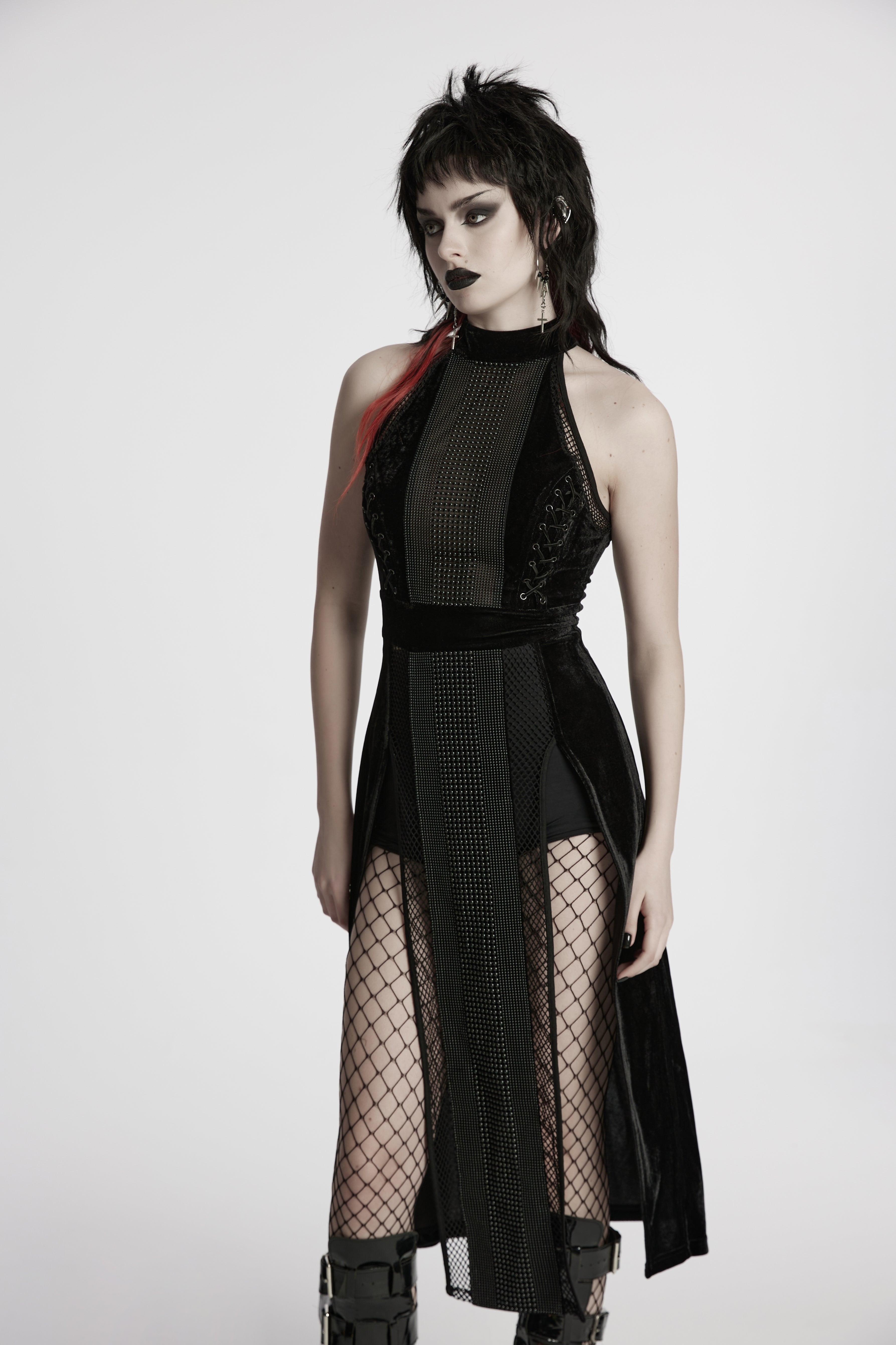 Punk Rave Selene Goth Dress – Black Velvet Mesh High Slit Gown