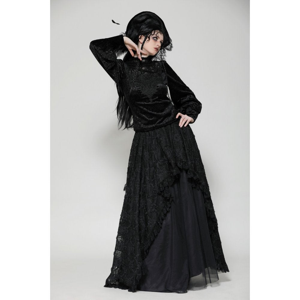 Dark in Love Cyra Gothic Jacquard Velvet Bell Sleeve Turtle Neck Top
