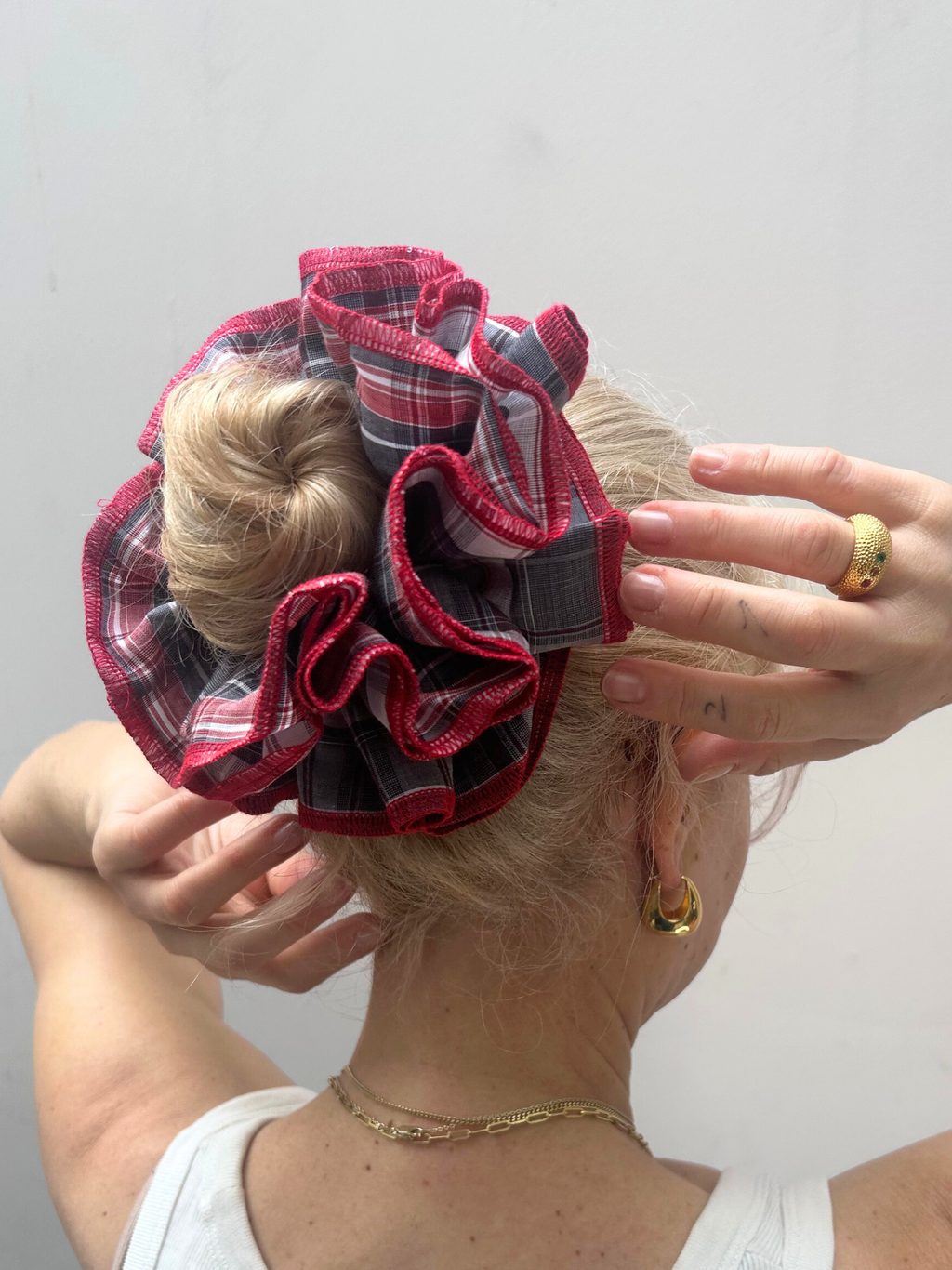 No More Nobody Azaria Organic Linen Scrunchie – Black & Red Check