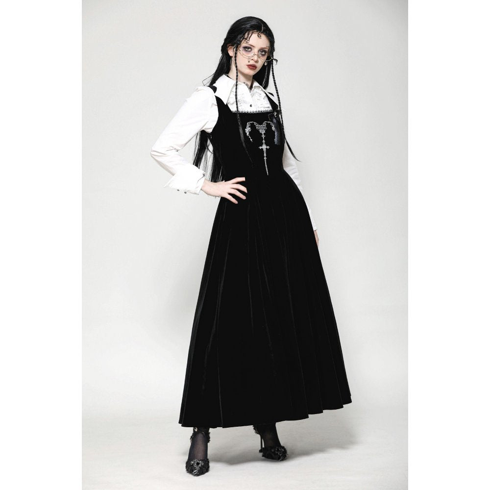 Dark in Love Lux Black Velvet Horn Embroidery Gothic Maxi Dress