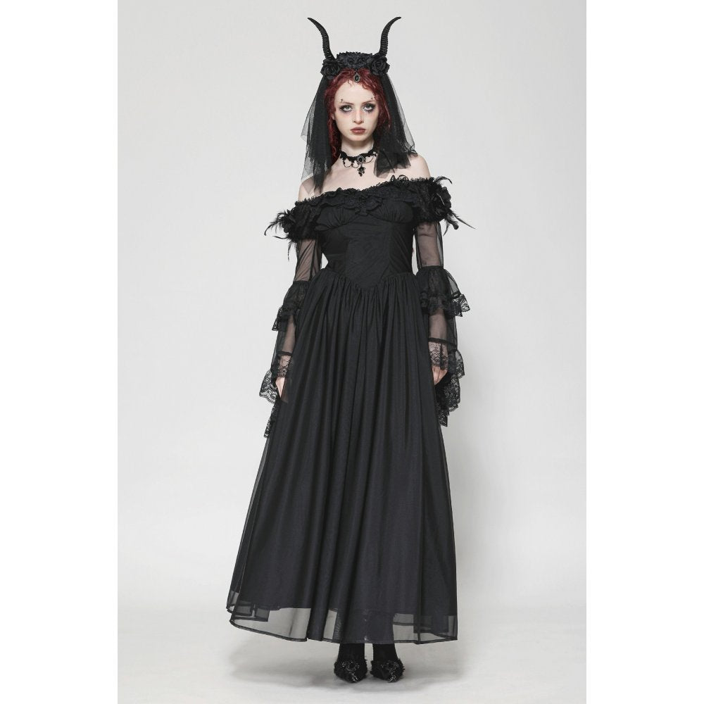 Dark in Love Millicent Black Tulle Feather Gothic Dress with Lace