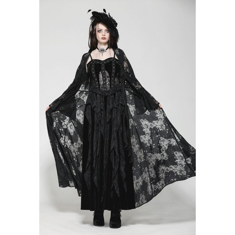 Dark in Love Emersyn Gothic Long Robe – Floral Lace Bell Sleeve