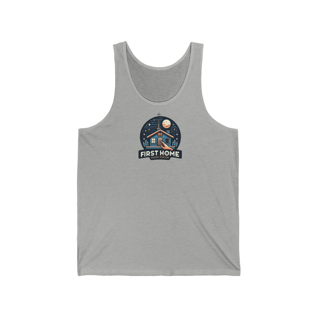 Cozy Unisex Tank Top with 'First Home Radio' Design, Summer Beachwear, Housewarming Gift, Casual Summer Top, Perfect for New Homeowners