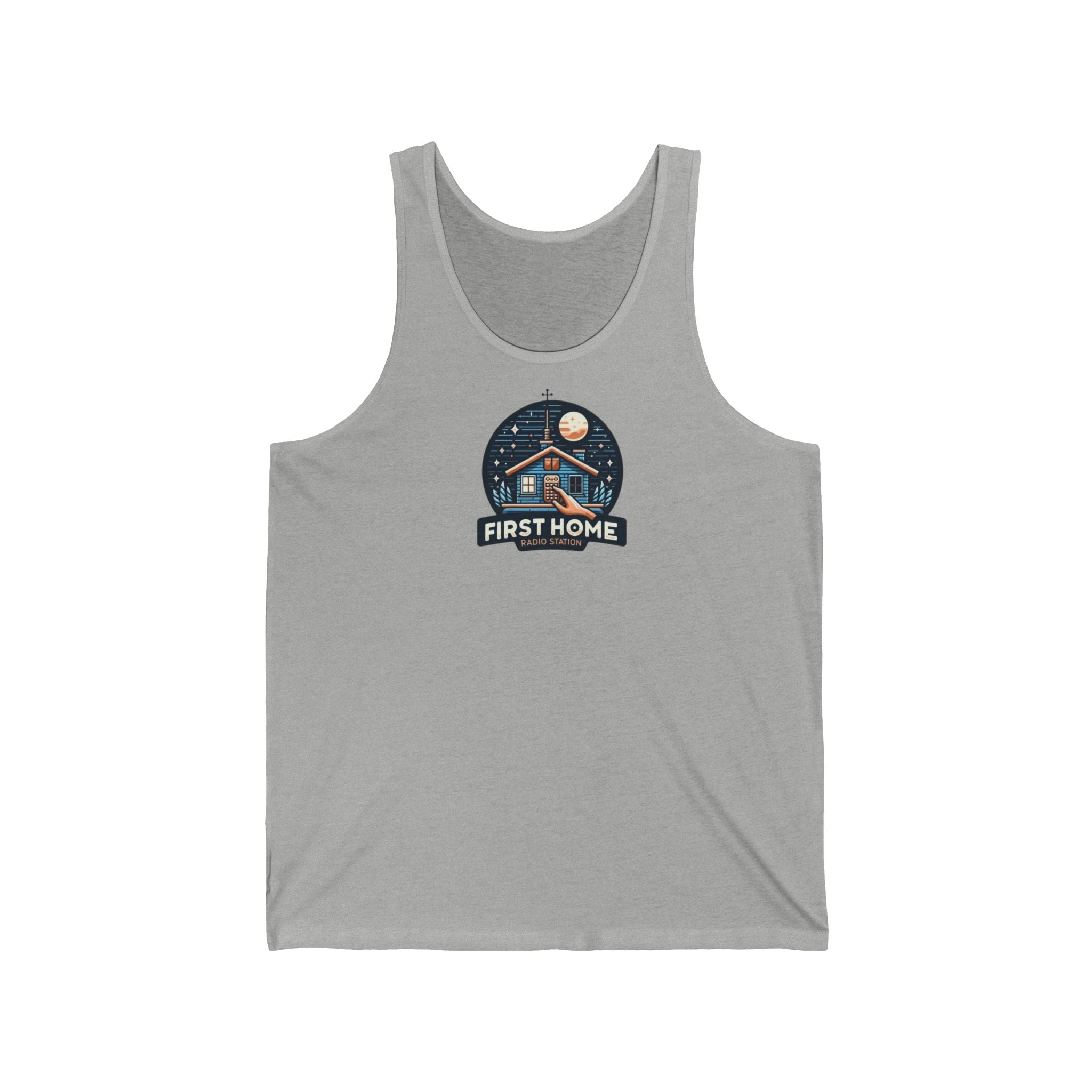Cozy Unisex Tank Top with 'First Home Radio' Design, Summer Beachwear, Housewarming Gift, Casual Summer Top, Perfect for New Homeowners