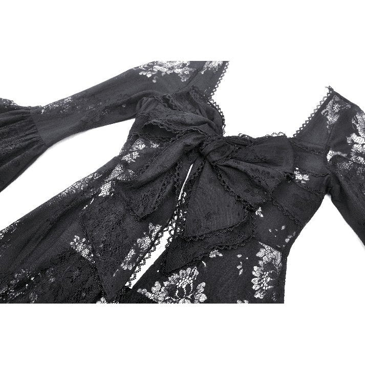 Dark in Love Emersyn Gothic Long Robe – Floral Lace Bell Sleeve