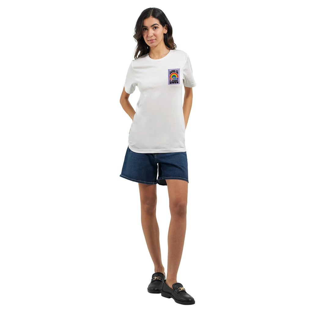 Love Is Love T-Shirt – Retro LGBTQ+ Pride Tee | Bella + Canvas 3001 Premium Unisex Crewneck | Rainbow Pocket Print Gift for All