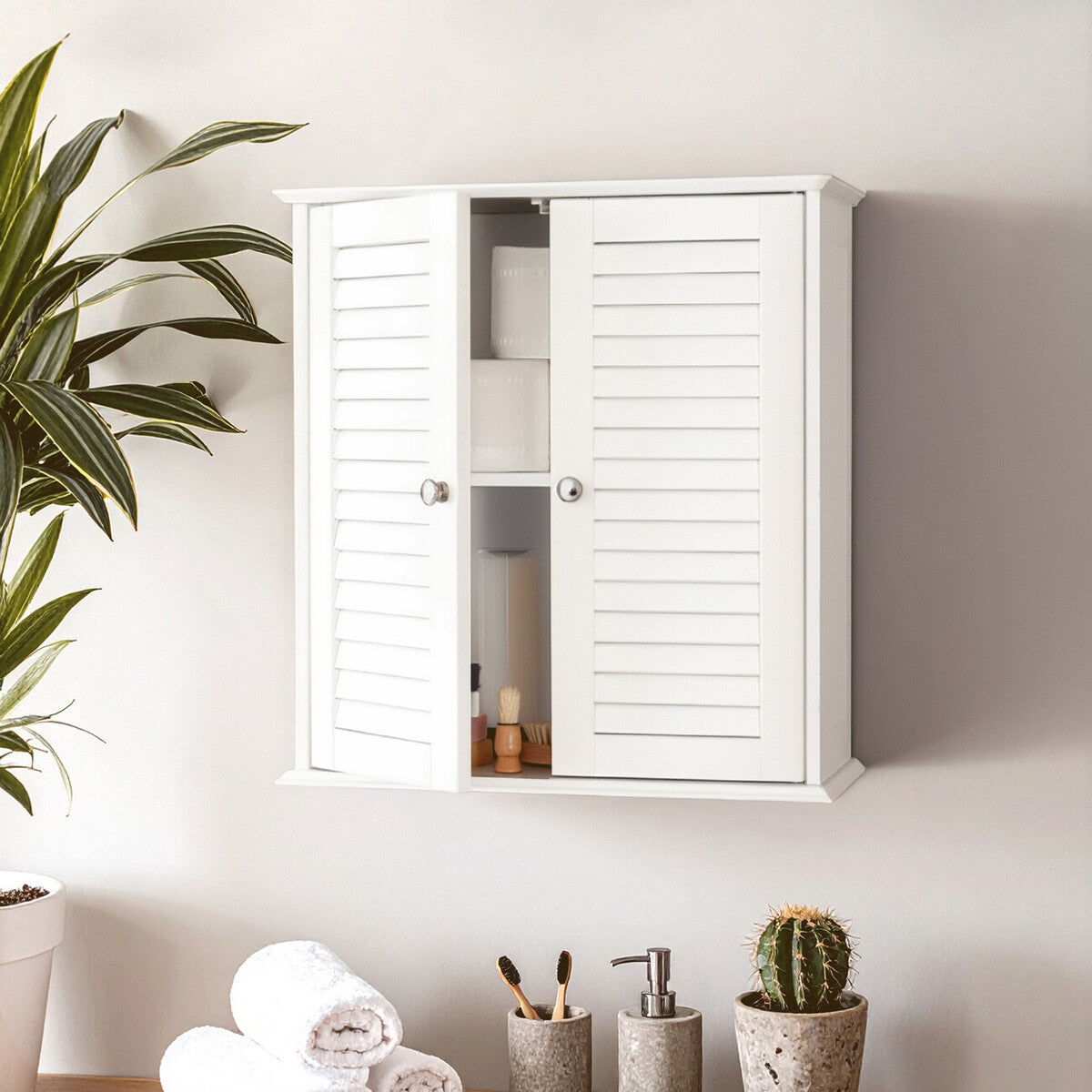 Orsina Shutter White Wood 2 Door Wall Cabinet | Modern Storage