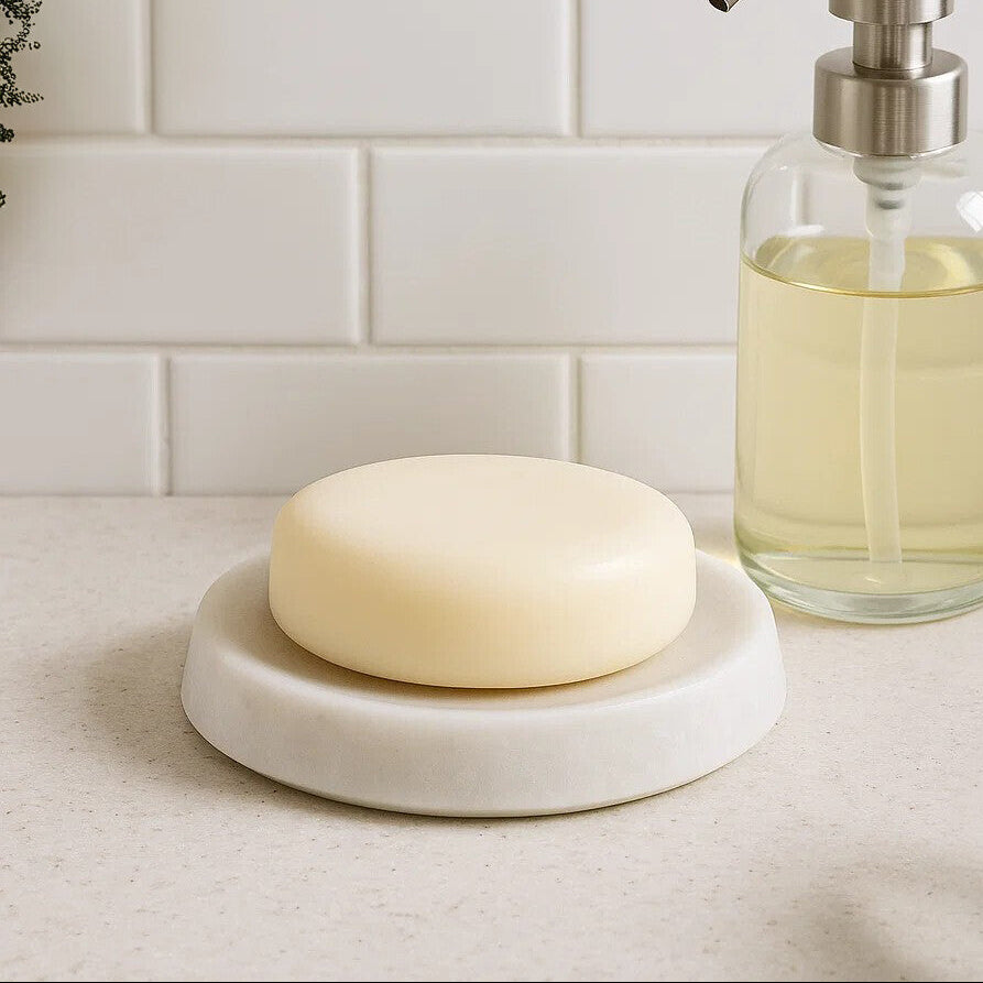 Orsina Abaska White Marble Soap Dish – Oval Stone Bathroom Accessory