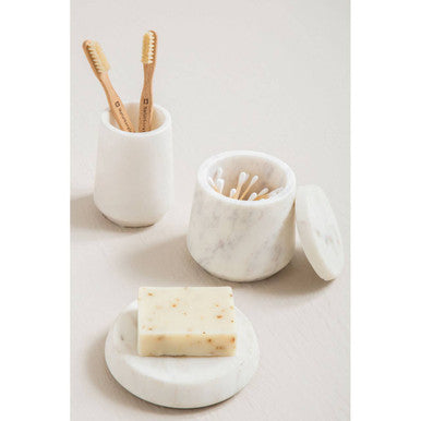 Orsina Abaska White Marble Cotton Jar – Elegant Stone Vanity Organizer