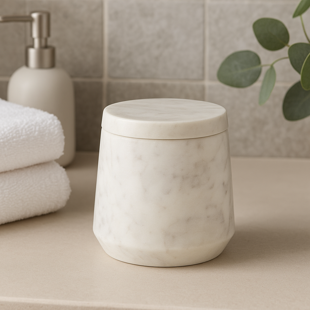 Orsina Abaska White Marble Cotton Jar – Elegant Stone Vanity Organizer